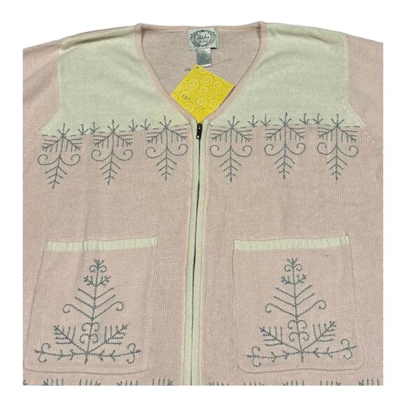 NWT Stiches In Time Pink, white, zipper Cardigan w snowflakes & gems size Large - Picture 4 of 13